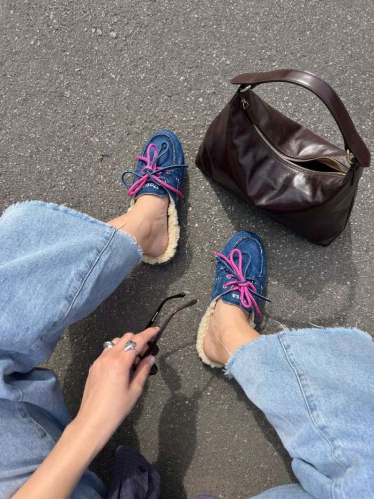BOAT LOAFER MULE FUR DENIM 406 Dark Blue